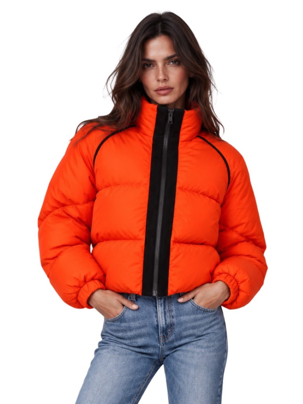 $450 GANNI Fountain Puffer Jacket Orange Red Velvet Trim Size S NWOT - Picture 11 of 11